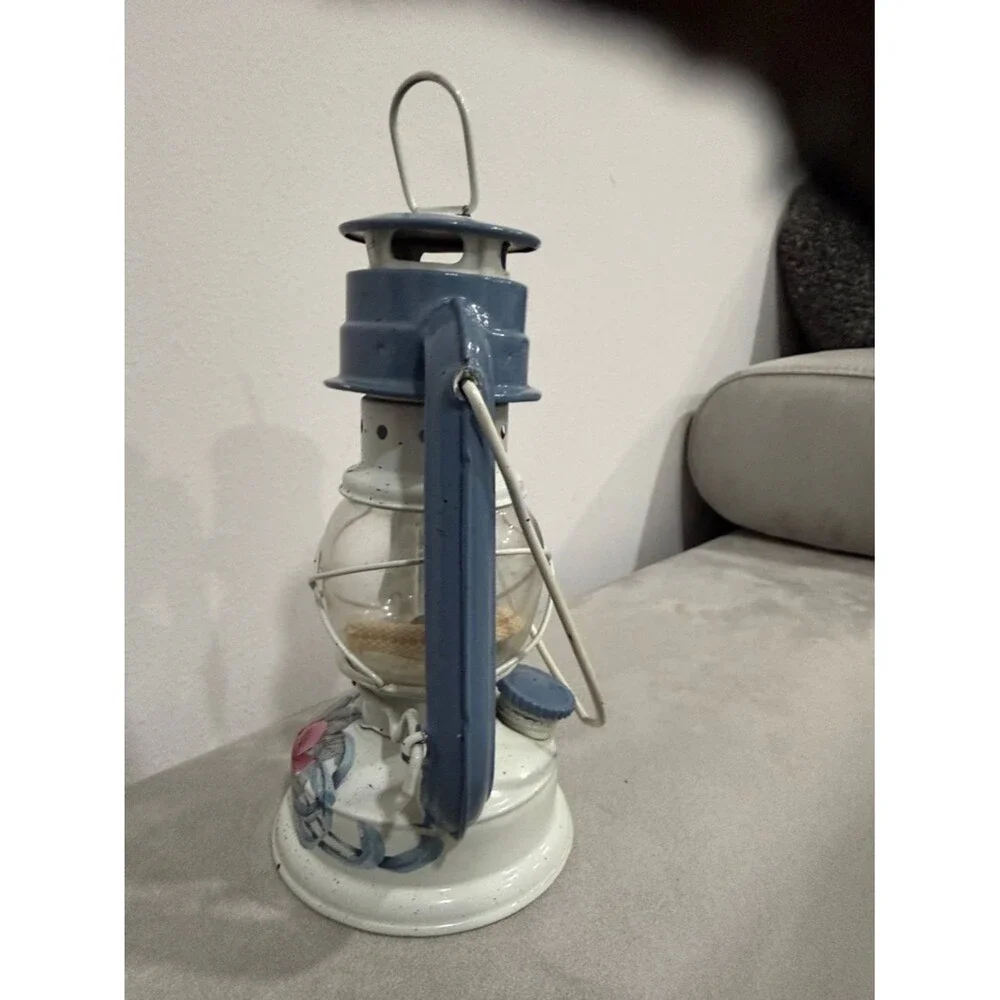 Antique Vintage Clear Glass Metal Kerosene Lamp Lantern Blue Indoor Outdoor Rare